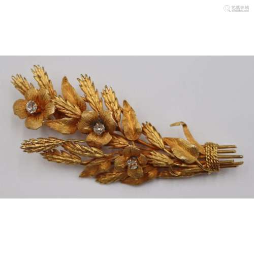 JEWELRY. 14kt Gold and Diamond Floral Wheat Sheaf