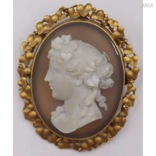 JEWELRY. Large "IKKO" 14kt Gold Cameo of Flora.