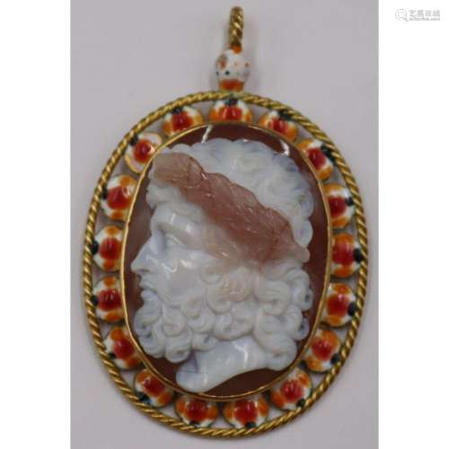 JEWELRY. 18kt Gold and Enamel Cameo of Zeus.