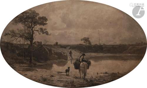 Adolphe APPIAN (Lyon 1818 - 1898)Paysans au bord d’un étang
