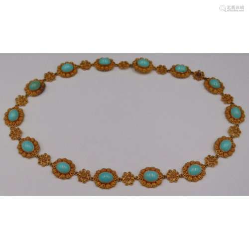 JEWELRY. 14kt Gold Filigree and Turquoise Necklace
