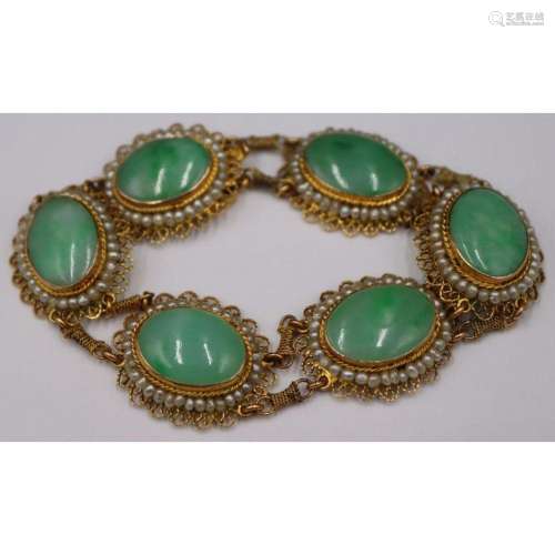JEWELRY. 14kt Gold, Jade and Seed Pearl Bracelet.