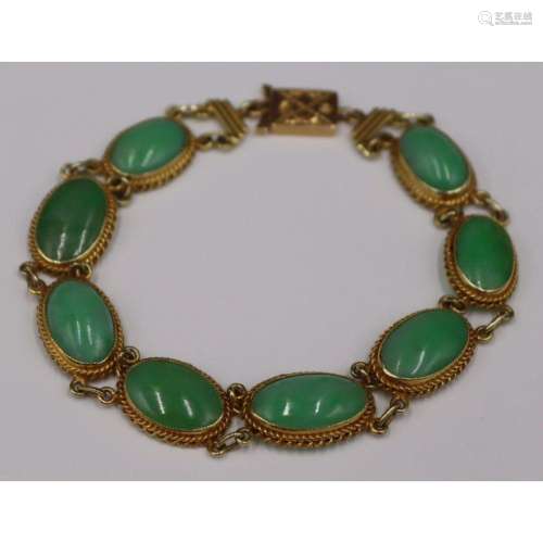 JEWELRY. 14kt Gold and Jade Cabochon Bracelet.