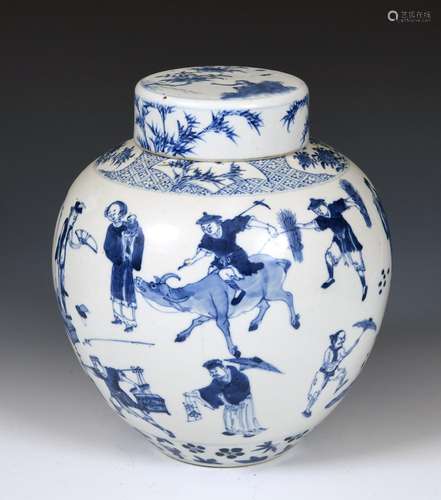 A Chinese blue and white ginger jar and cover, decorated war...