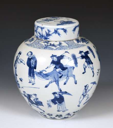 A Chinese blue and white ginger jar and cover, decorated war...