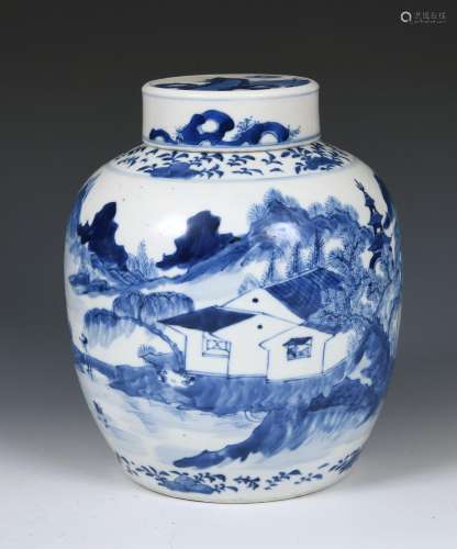 A Chinese blue and white ginger jar, decorated a landscape w...