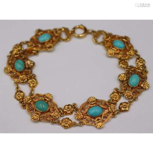 JEWELRY. 14kt Gold and Turquoise Filigree Bracelet