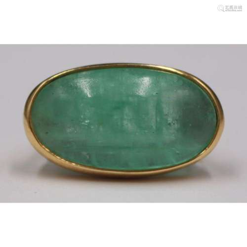 JEWELRY. 14kt Gold and Green Cabochon Ring.