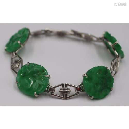 JEWELRY. Art Deco Style Platinum and Carved Jade