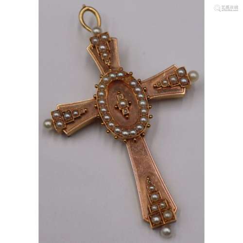 JEWELRY. 14kt Gold and Pearl Cross Pendant.