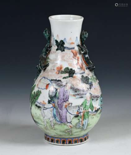 A Chinese famille verte vase, decorated landscape and figure...