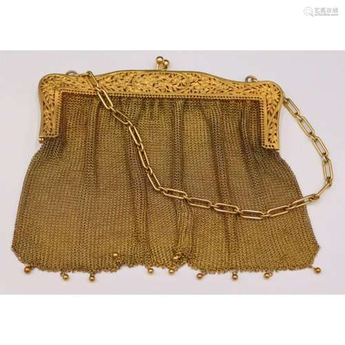 GOLD. Vtg 14kt Gold Mesh Purse with Foliate Motif