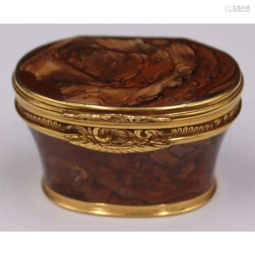 GOLD. 18kt Gold Mounted Jasper Snuff Box.