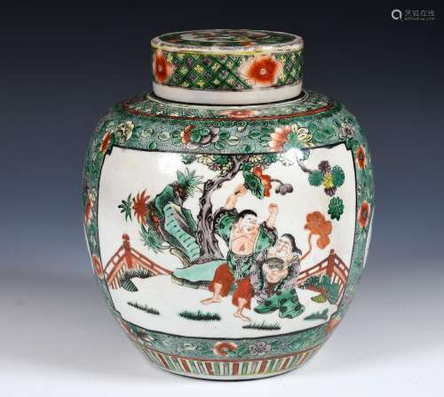 A Chinese famille verte ginger jar and cover, decorated figu...