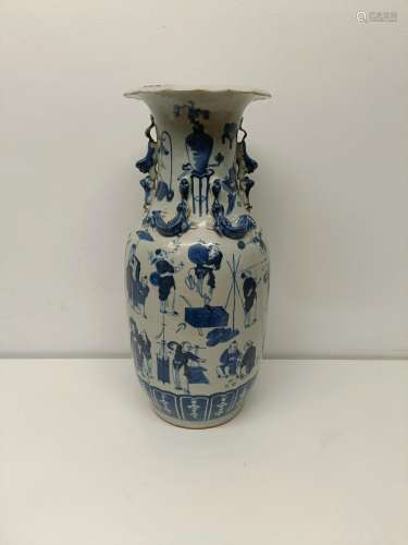 A Chinese blue and white baluster vase, decorated warriors a...