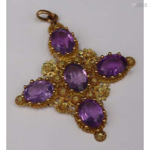 JEWELRY. 14kt Gold and Amethyst Filigree Cross