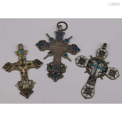 JEWELRY. (3) Large Silver & Enamel Cross Pendants.