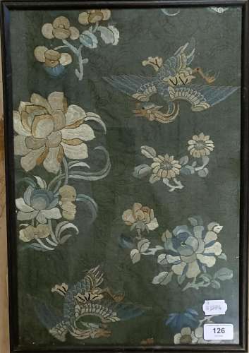 An embroidered textile panel, decorated birds and flowers, 4...