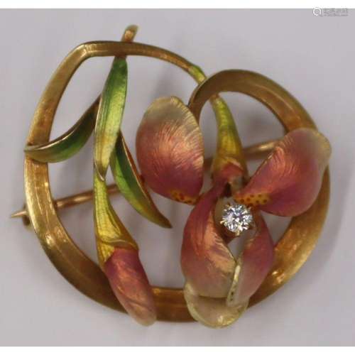 JEWELRY. Signed Art Nouveau 14kt Gold, Enamel