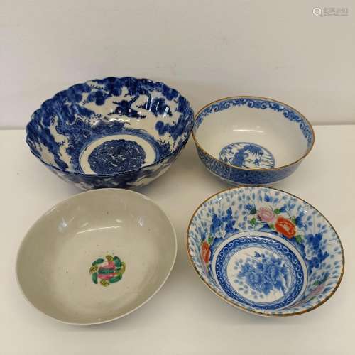 A Japanese blue and white bowl, 22 cm diameter, and three ot...