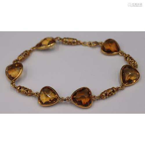 JEWELRY. 14kt Gold and Faceted Heart Gem Bracelet.