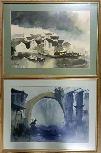 A Chinese landscape, watercolour, 38 x 53 cm, and its pair (...