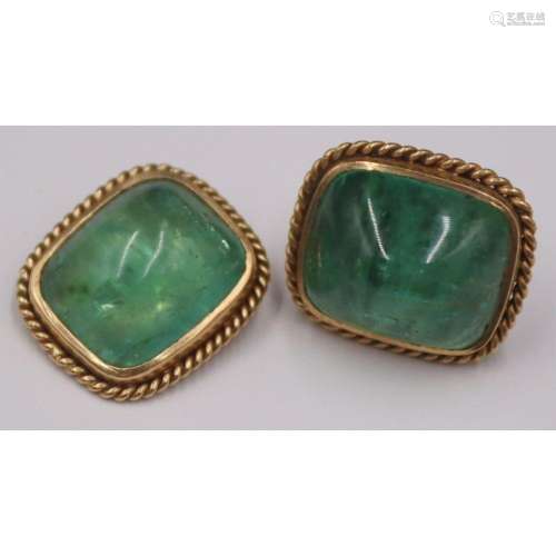 JEWELRY. Pair of 14kt Gold Mounted Green Gem