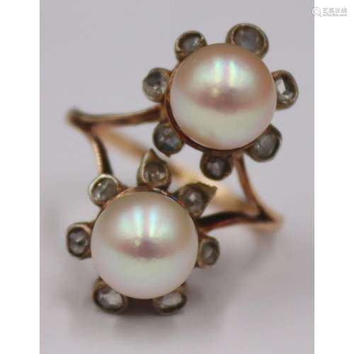 JEWELRY. Antique 14kt Gold Pearl and Diamond Ring.