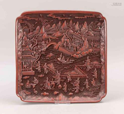 Red carved lacquer tray, China