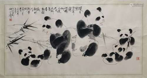 刁华甫2000年画《熊猫戏春竹》 设色纸本镜心