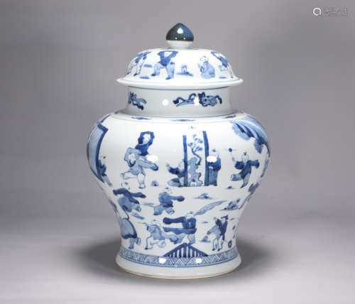 Qing Dynasty Kangxi blue and white figure general jar