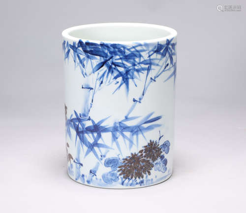 The red bamboo penholder in the blue and white glaze of Kang...