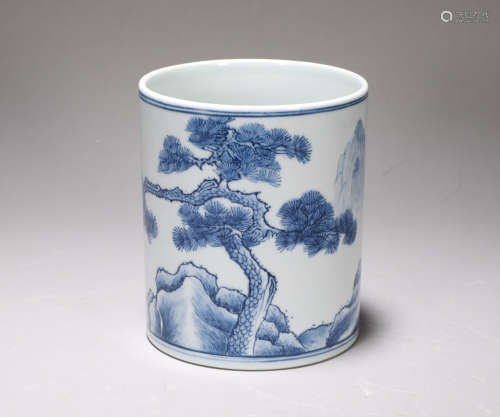 Qing Dynasty Kangxi blue and white landscape pen holder