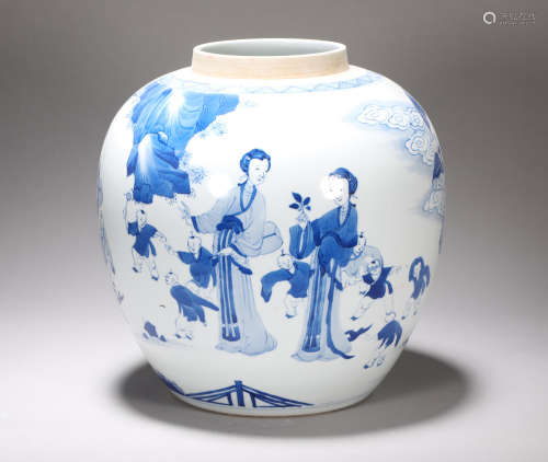 The blue-and-white figure jar of Kangxi in the Qing Dynasty