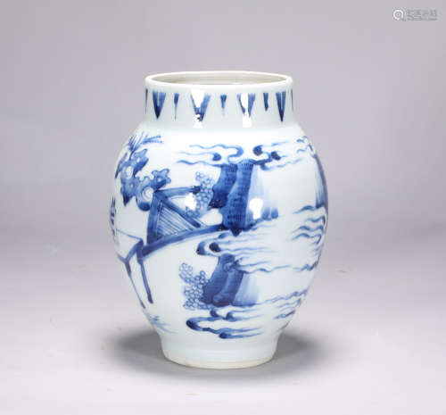 Lotus seed jar of blue and white figures in Chongzhen of the...