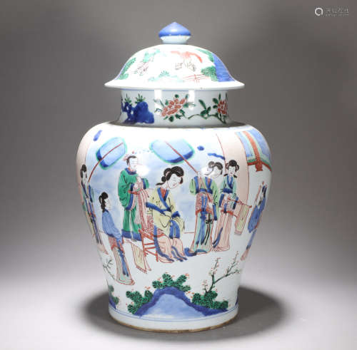 Qing Dynasty blue and white colorful figure general jar