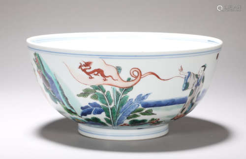 Qing Dynasty Kangxi blue and white colorful figure bowl