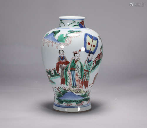 Plum vase of blue and white colorful figures in Kangxi of Qi...