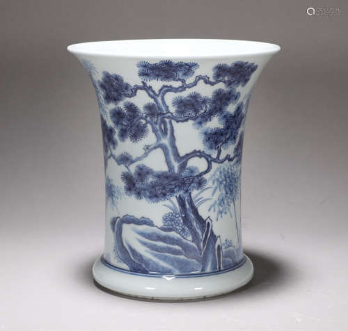 Qing Dynasty Kangxi blue and white pine bamboo plum penholde...