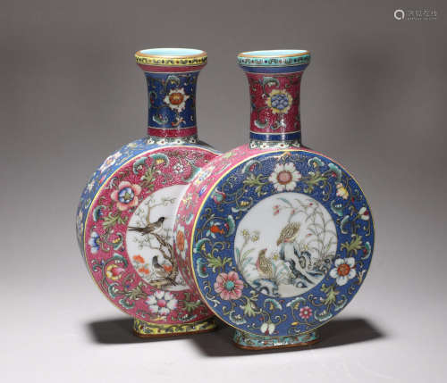 A Famille Rose Flower-and-bird conjoined Vase Qianlong Style