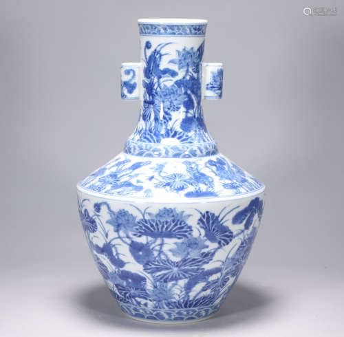 Qing Dynasty Qianlong blue and white lotus leaf picture jar ...