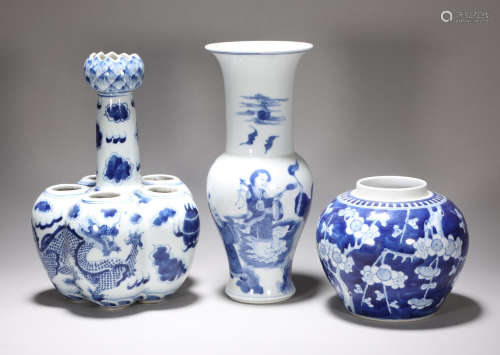 Three pieces of blue and white porcelain in late Qing Dynast...