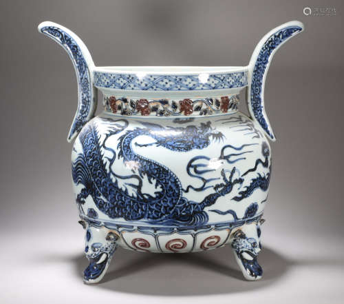 Yuan Dynasty blue and white underglaze red dragon pattern in...