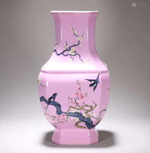 Qing Dynasty Yongzheng pink magpie climbing plum square bott...