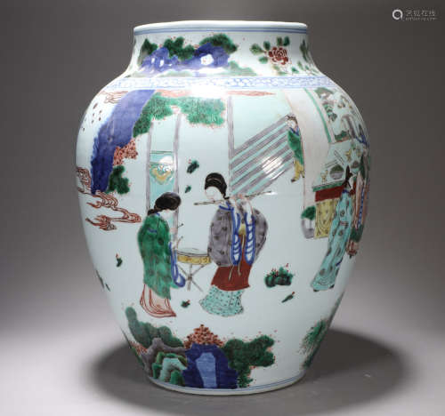 Qing Dynasty Kangxi blue and white colorful figure jar