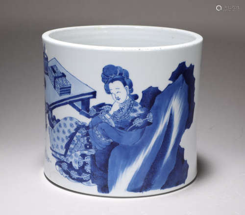 Qing Dynasty Kangxi blue and white figure pen holder