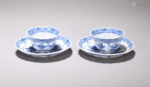 Two sets of blue and white porcelain of Kangxi in Qing Dynas...