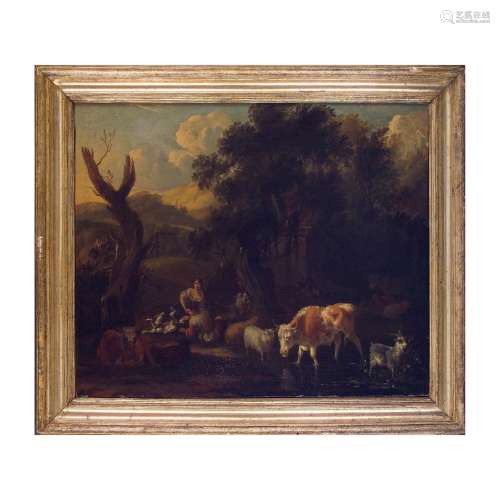Pittore francese del XVII secolo, Paesaggio con pastore e ar...