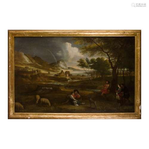 Pittore fiammingo del XVIII secolo, Paesaggio con figure e c...