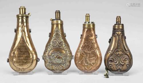 4 powder flasks, 19th century, bras